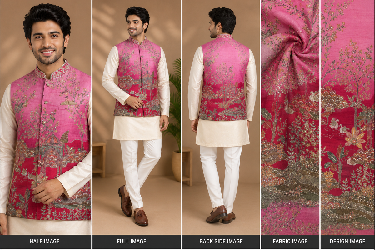 Royal Pink Printed Nehru Jacket