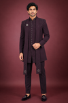 Wine Embellished Indo-Western Sherwani Set for Men