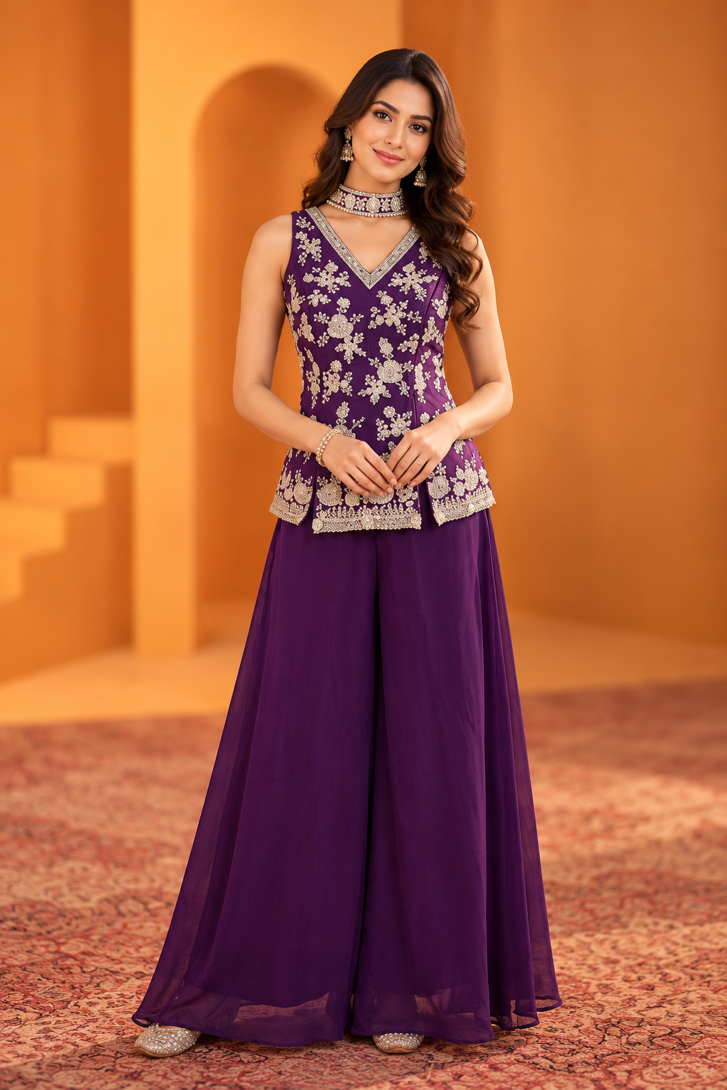 Royal Purple Embroidered Palazzo Set for Women