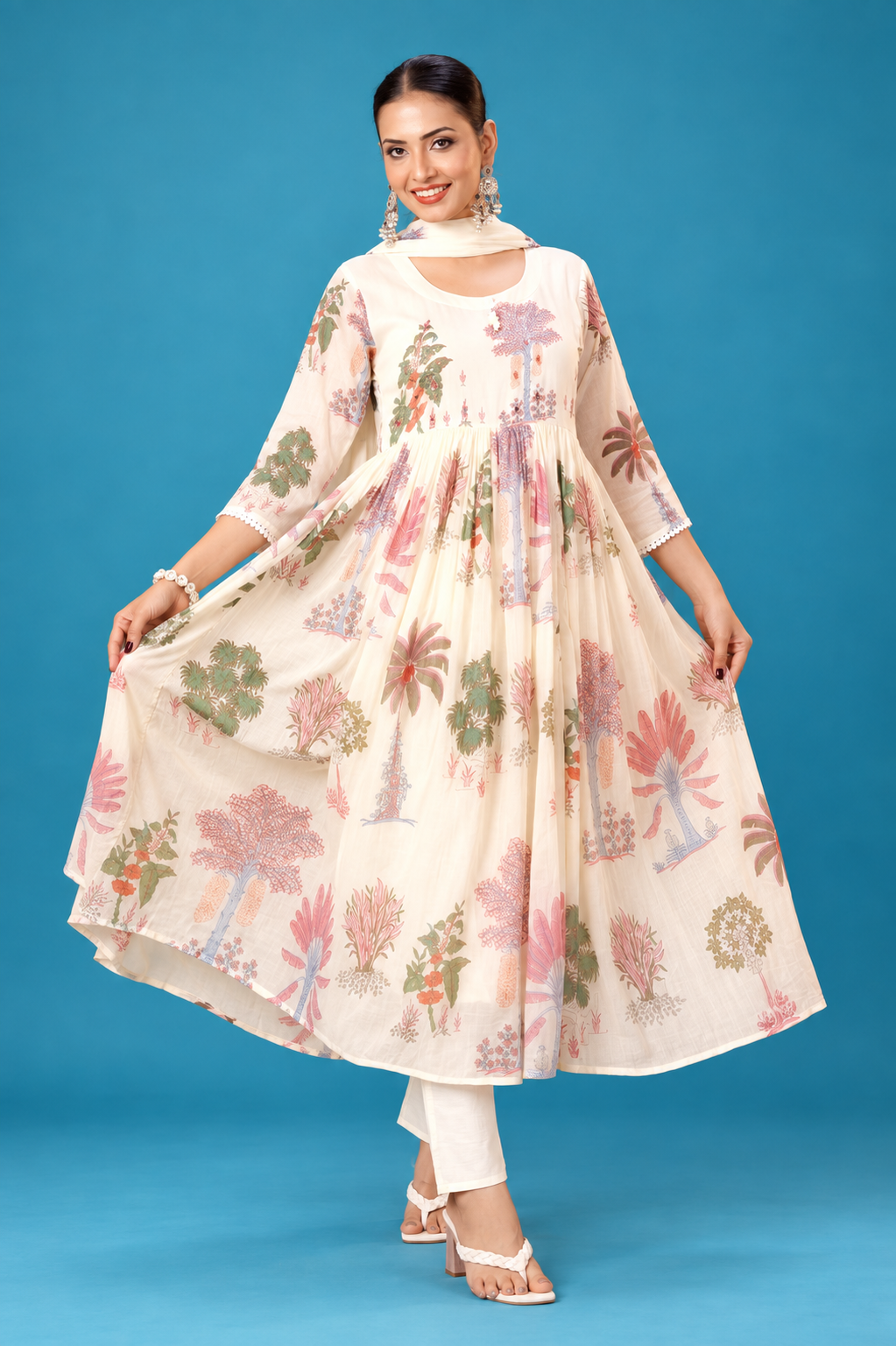 Elegant Ivory Botanical Print Anarkali Set