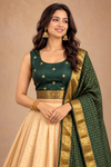 Royal Cream & Emerald Green Woven Silk Lehenga Choli with Zari Dupatta