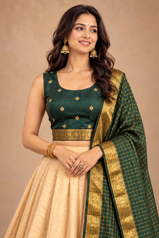 Royal Cream & Emerald Green Woven Silk Lehenga Choli with Zari Dupatta
