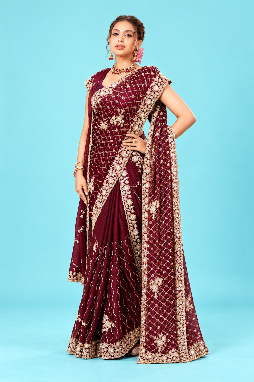Royal Wine Maroon Designer Saree with Heavy Golden Floral Embroidery & Rich Pallu