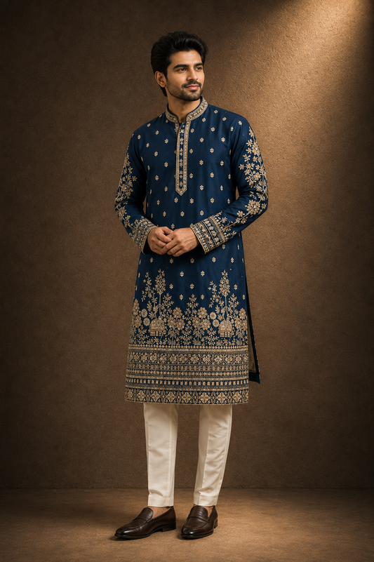 Royal Navy Blue Heavily Embroidered Kurta