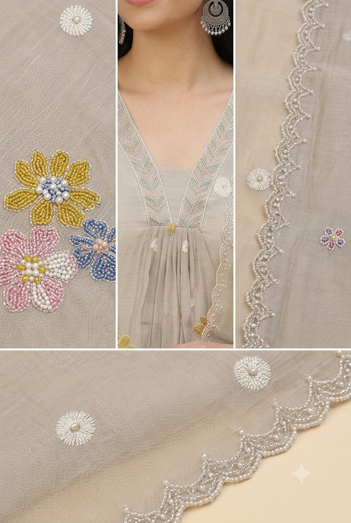 Grey Floral Embroidered Kurta Set with Dupatta