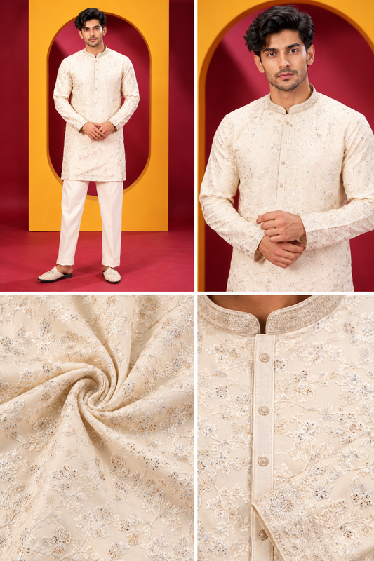 Men's Premium Ivory Cream Kurta White Pant Set