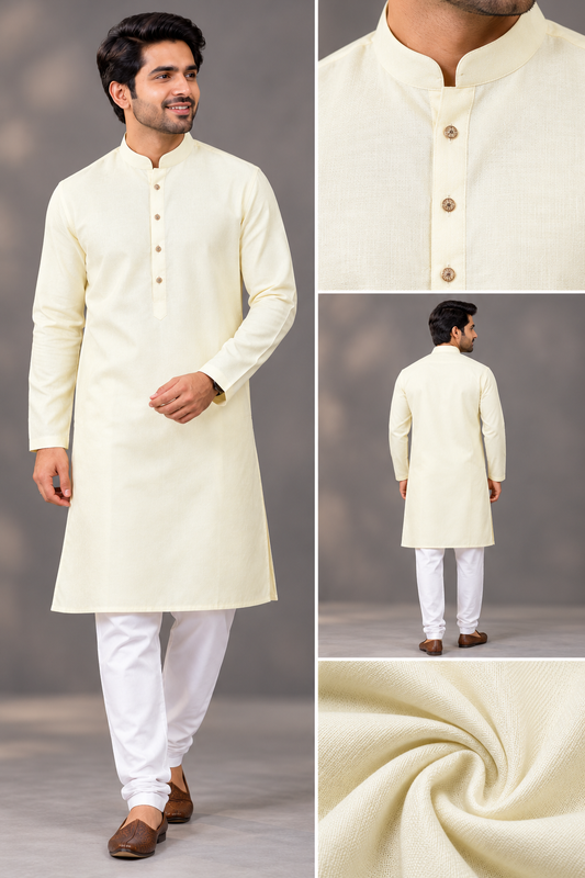 Men's Premium Lemon Cream Solid Kurta Pant Set