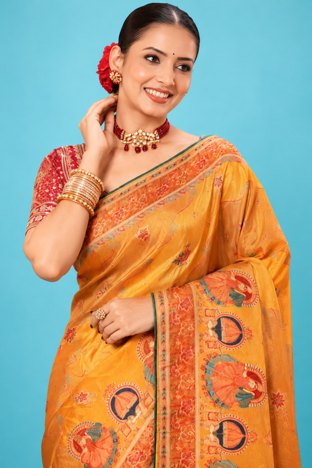 Royal Mustard Yellow Designer Saree with Multicolor Traditional Motifs & Rich Printed Pallu