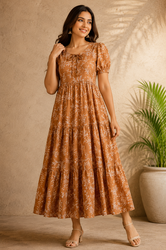 Rust Brown Floral Tiered Puff Sleeve Maxi Dress