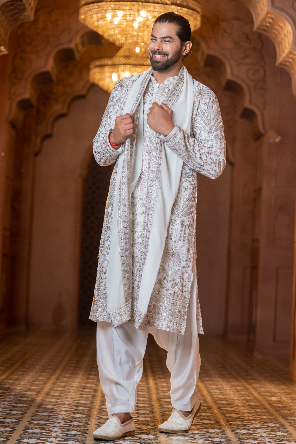Ivory Embroidered Sherwani with Dupatta
