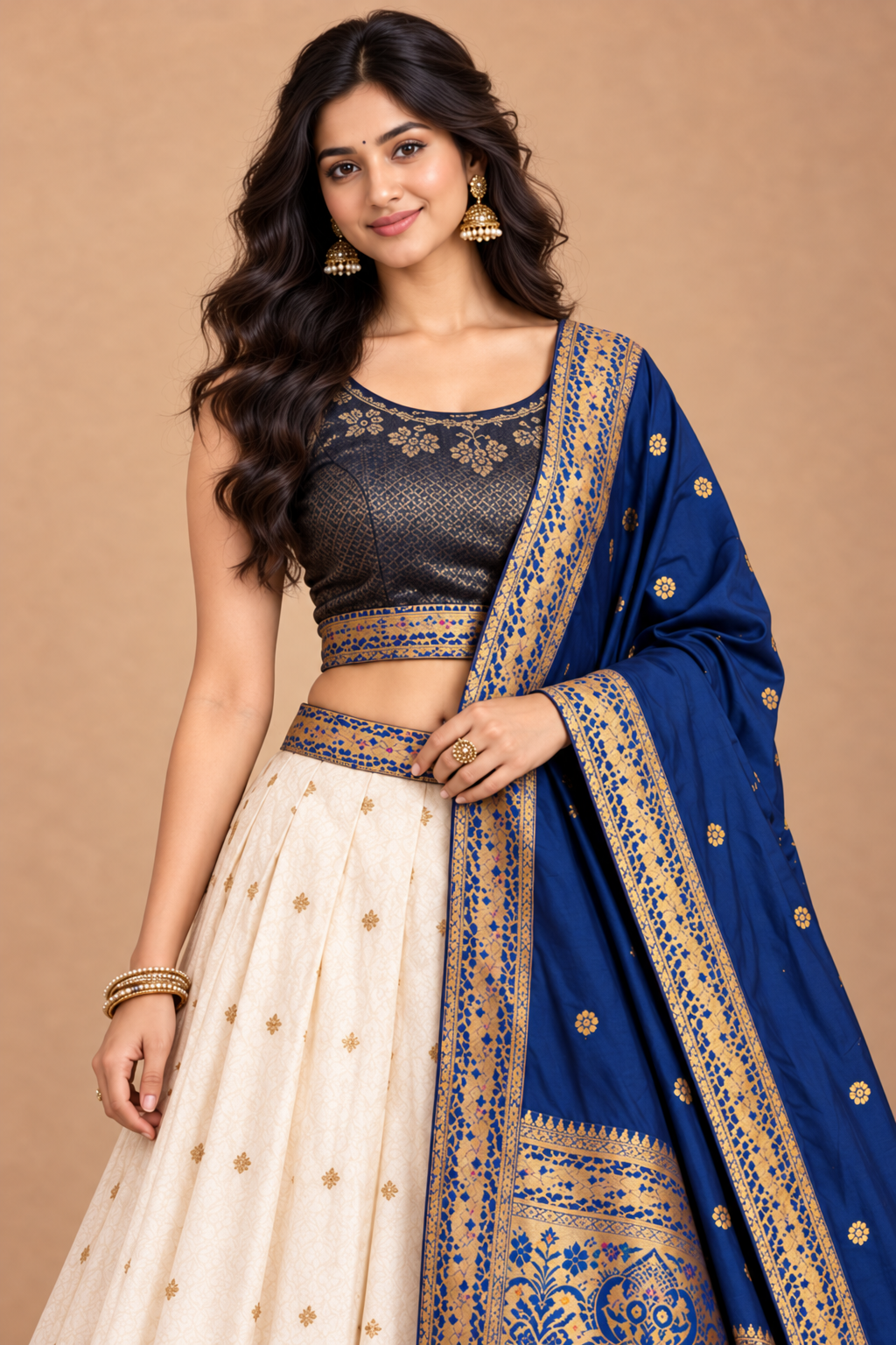 Elegant Ivory & Royal Blue Zari Woven Lehenga Set with Dupatta