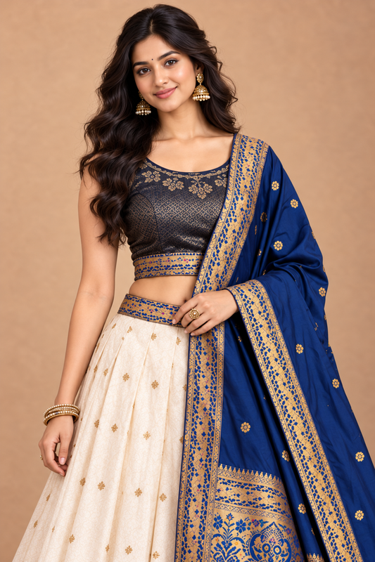 Elegant Ivory & Royal Blue Zari Woven Lehenga Set with Dupatta