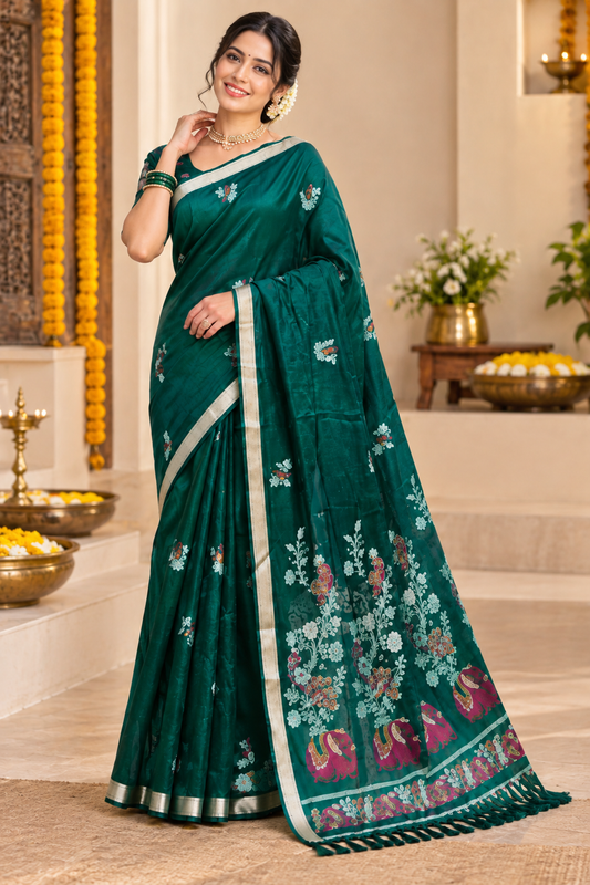 Green Floral Silk Saree