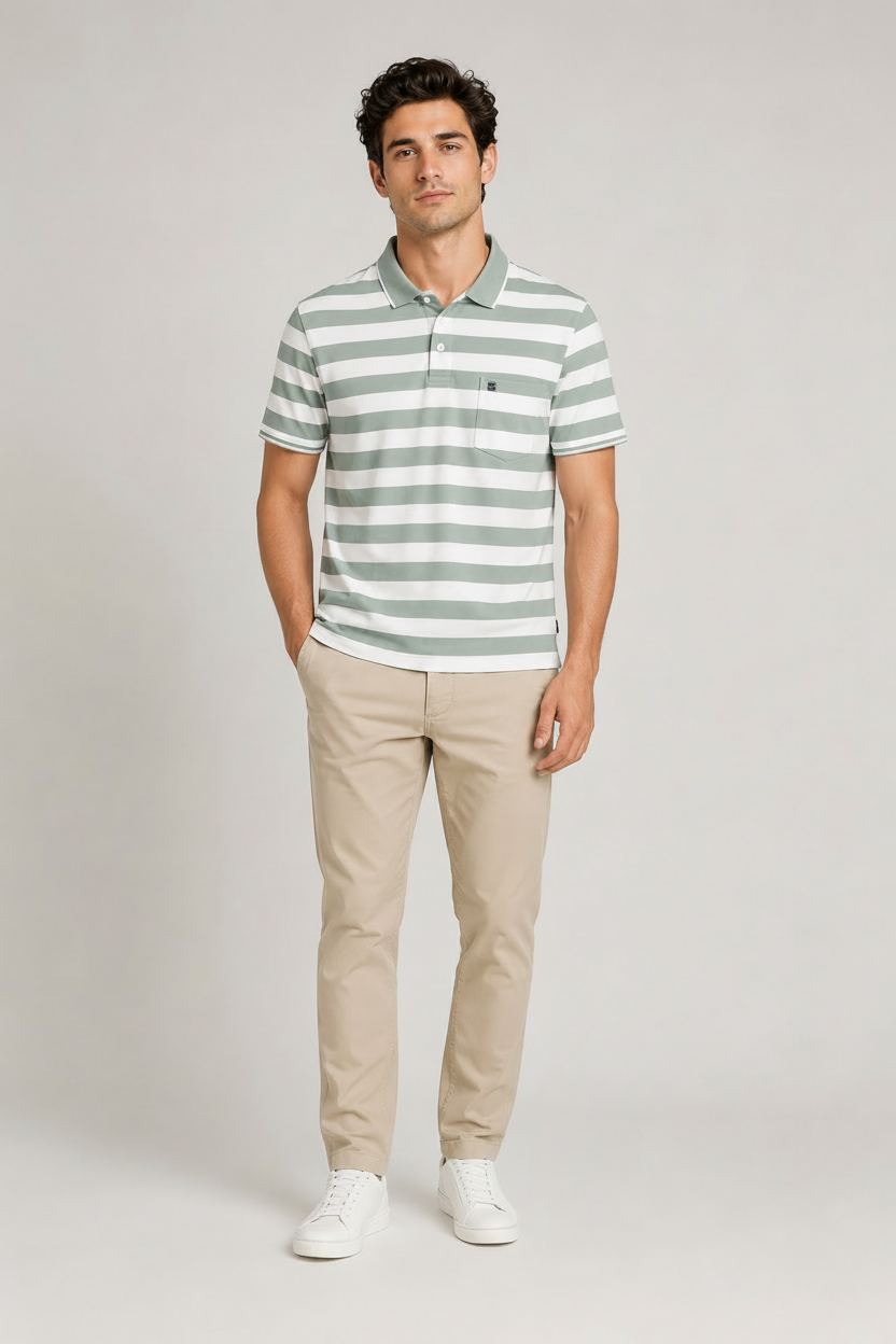 Men’s Sage Green & White Striped Polo T-Shirt