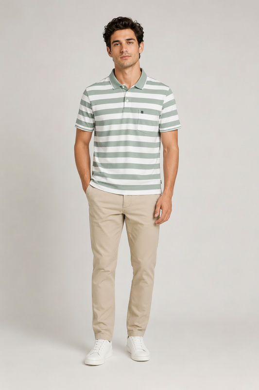 Men’s Sage Green & White Striped Polo T-Shirt