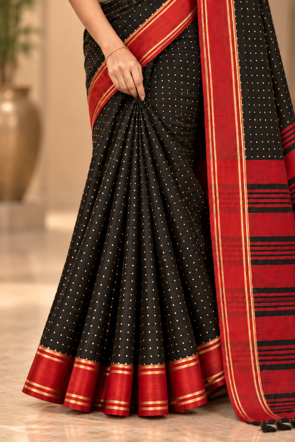 Black & Red Polka  Saree with Traditional Border