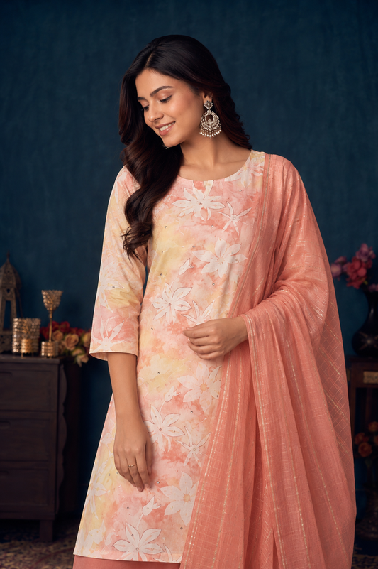 Peach Blossom Floral Kurta Pant & Dupatta Set