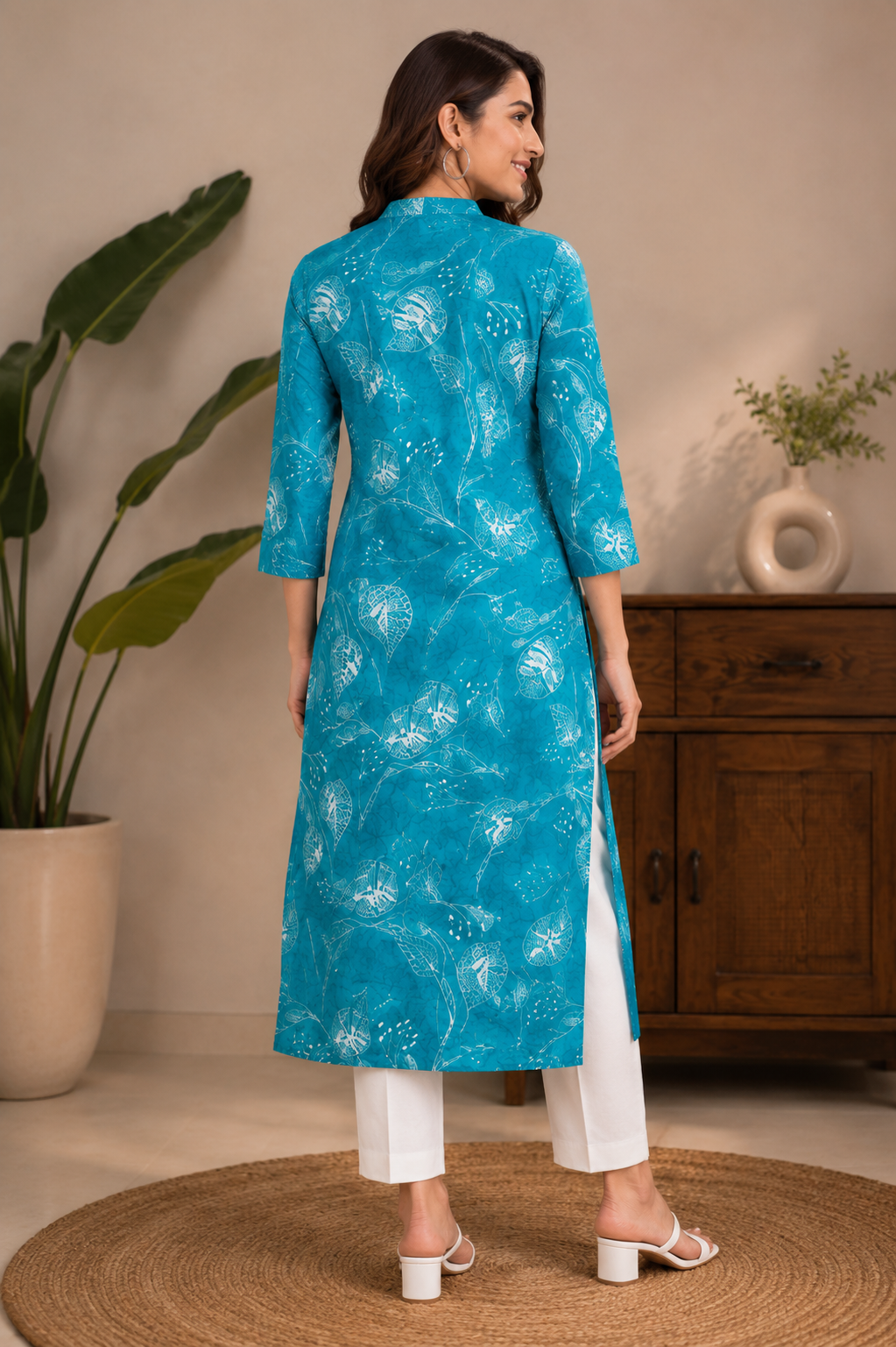 Turquoise Leaf Print Kurti