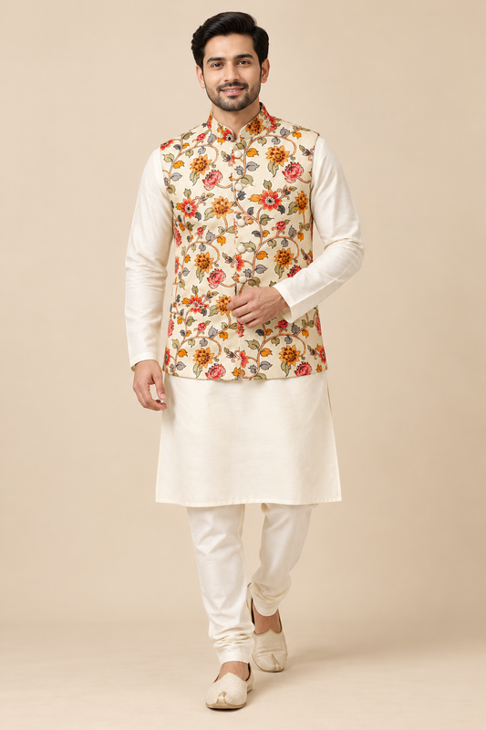 Ivory Floral Printed Nehru Jacket for Men