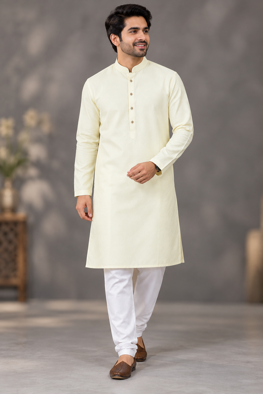 Men's Premium Lemon Cream Solid Kurta Pant Set