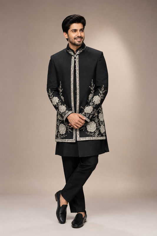 Black Embroidered Indo-Western Sherwani Set