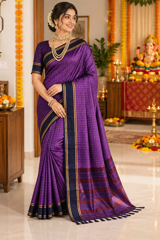 Royal Purple Saree with Navy Blue Border & Striped Pallu