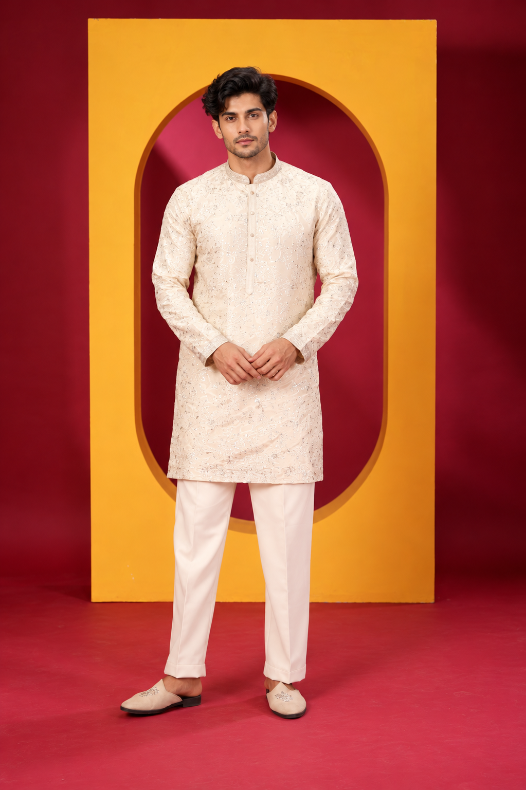 Men's Premium Ivory Cream Kurta White Pant Set