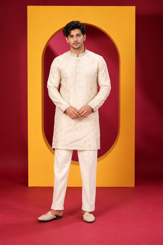 Men's Premium Ivory Cream Kurta White Pant Set