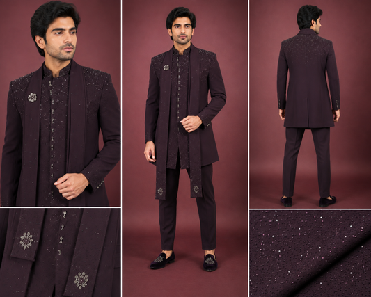 Wine Embellished Indo-Western Sherwani Set for Men