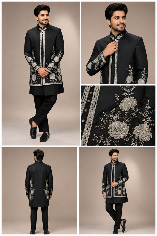 Black Embroidered Indo-Western Sherwani Set
