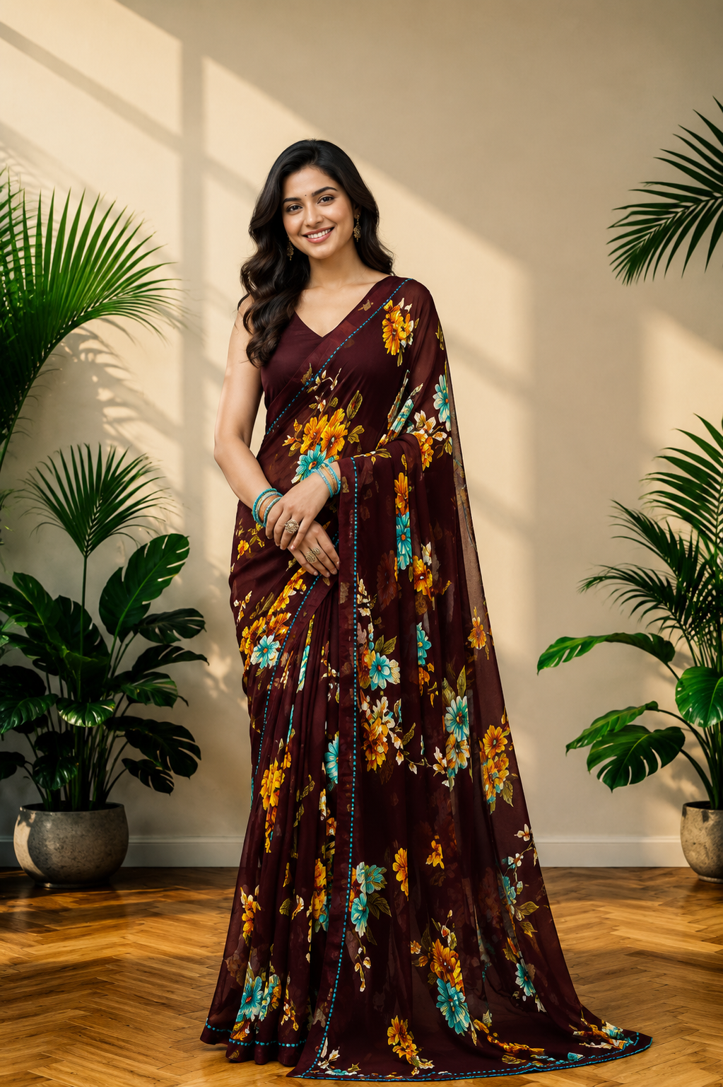 Elegant  Floral Printed Georgette Saree with Designer Border