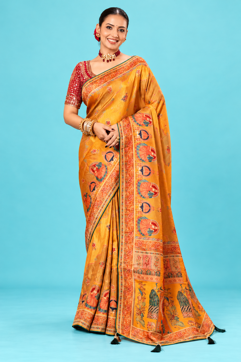 Royal Mustard Yellow Designer Saree with Multicolor Traditional Motifs & Rich Printed Pallu