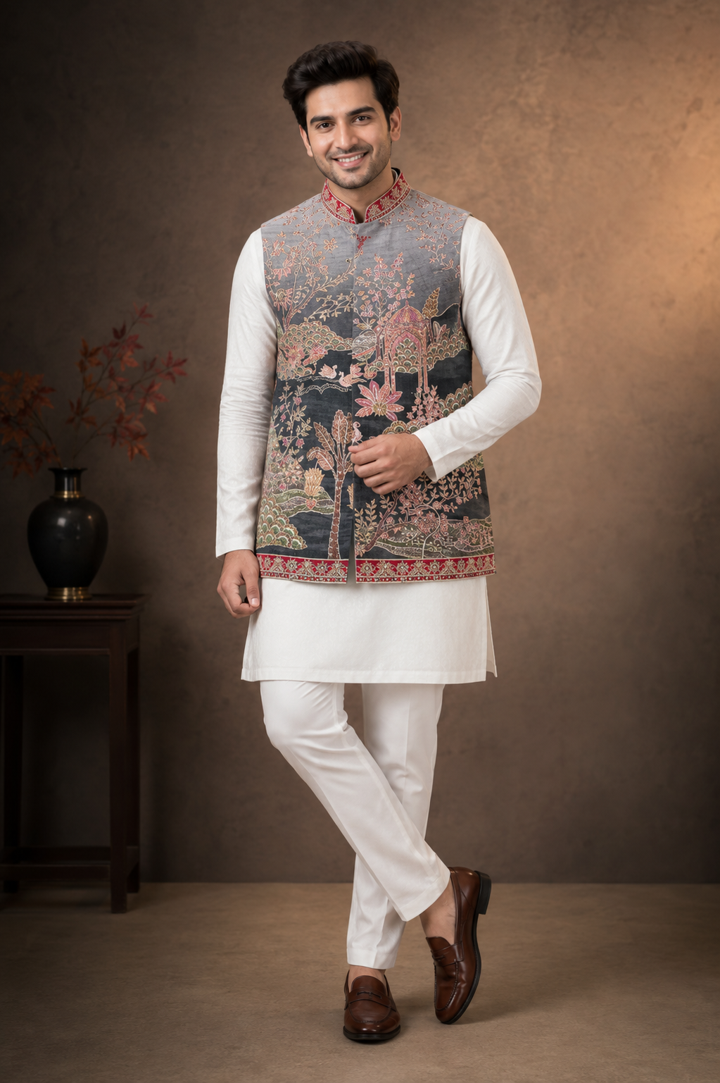 Charcoal Heritage Printed Nehru Jacket