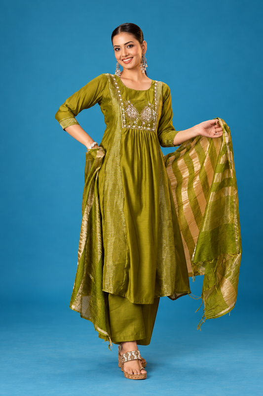 Olive Green Festive Embroidered Anarkali Set