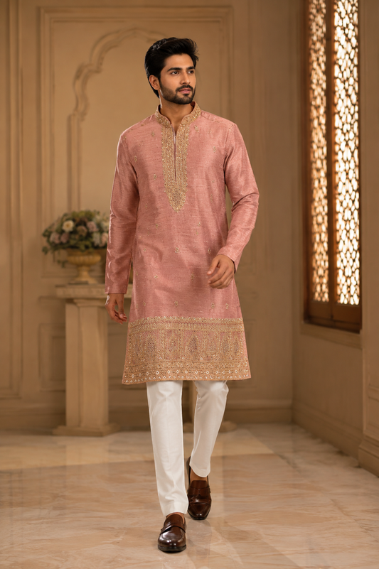 Dusty Pink Embroidered Dupion Silk Kurta Set for Men
