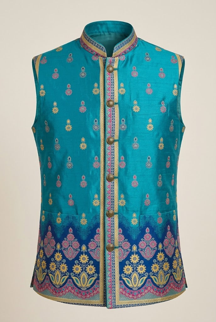 Turquoise Blue Embroidered Nehru Jacket