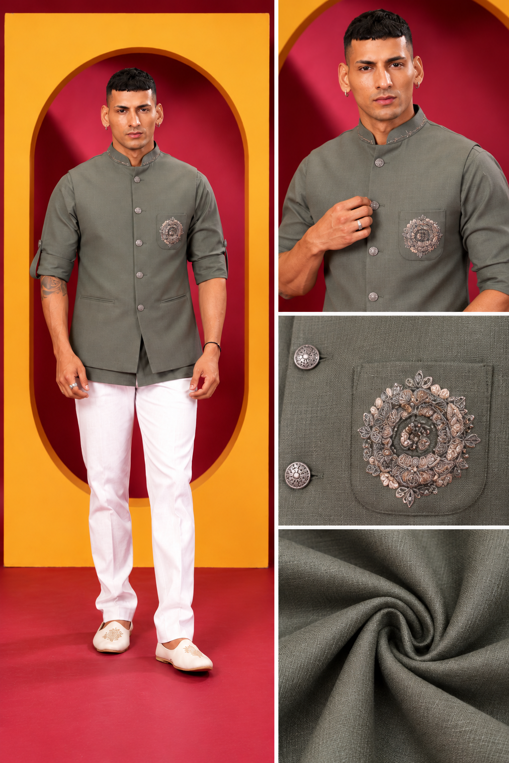 Men's Premium Olive Jacket with White Trouser Set