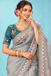 Elegant Silver Grey Designer Saree with Delicate Floral Embroidery