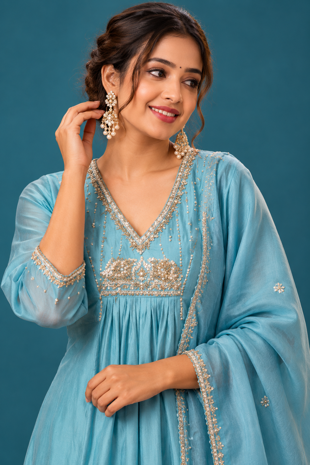 Elegant Sky Blue Embroidered Festive Anarkali Set