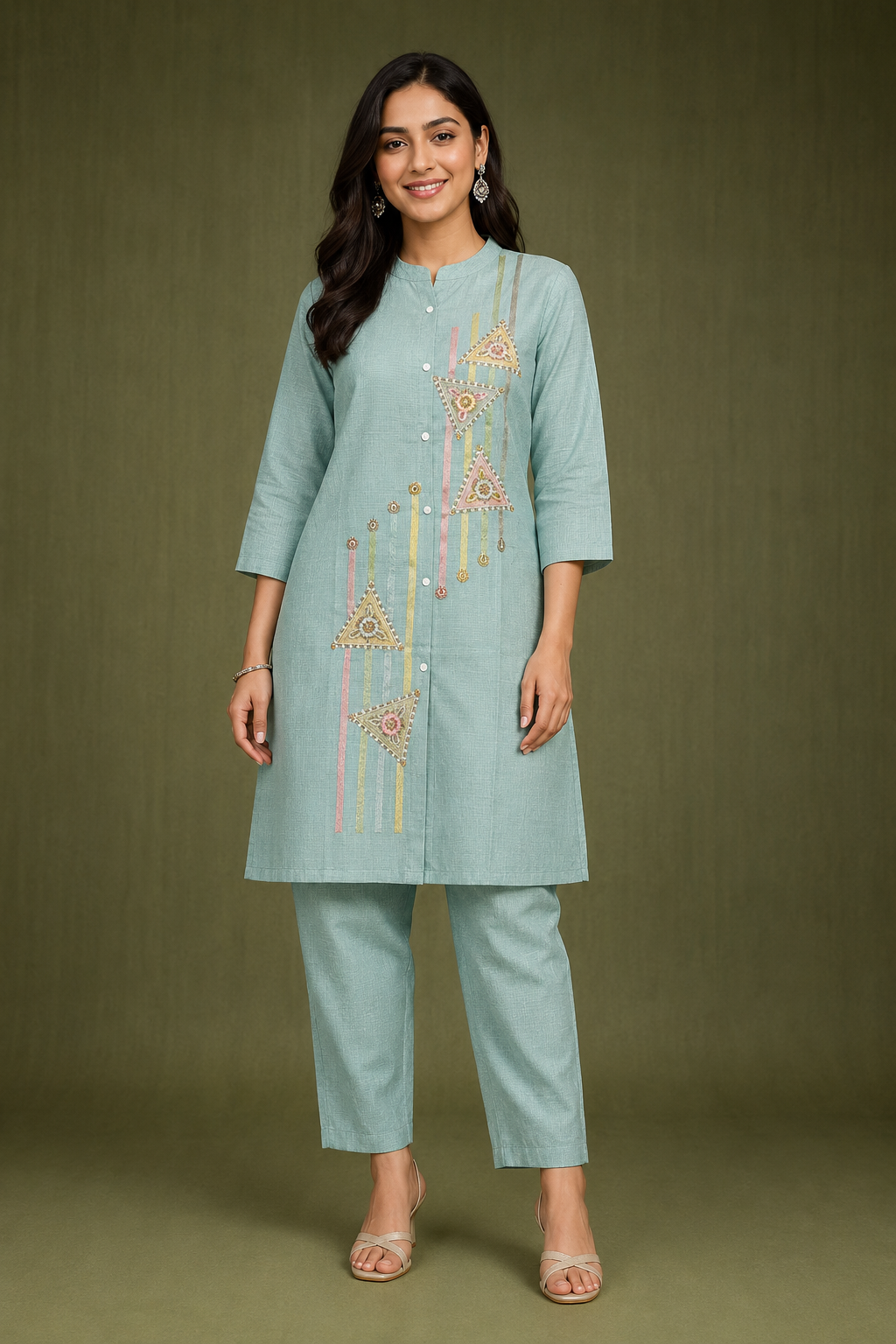 Aqua Blue Geometric Embroidered Kurta Pant Set