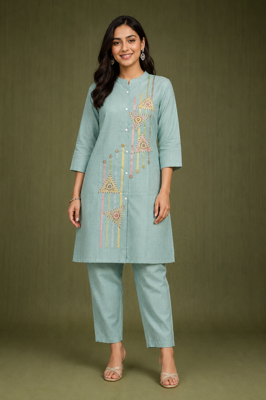 Aqua Blue Geometric Embroidered Kurta Pant Set