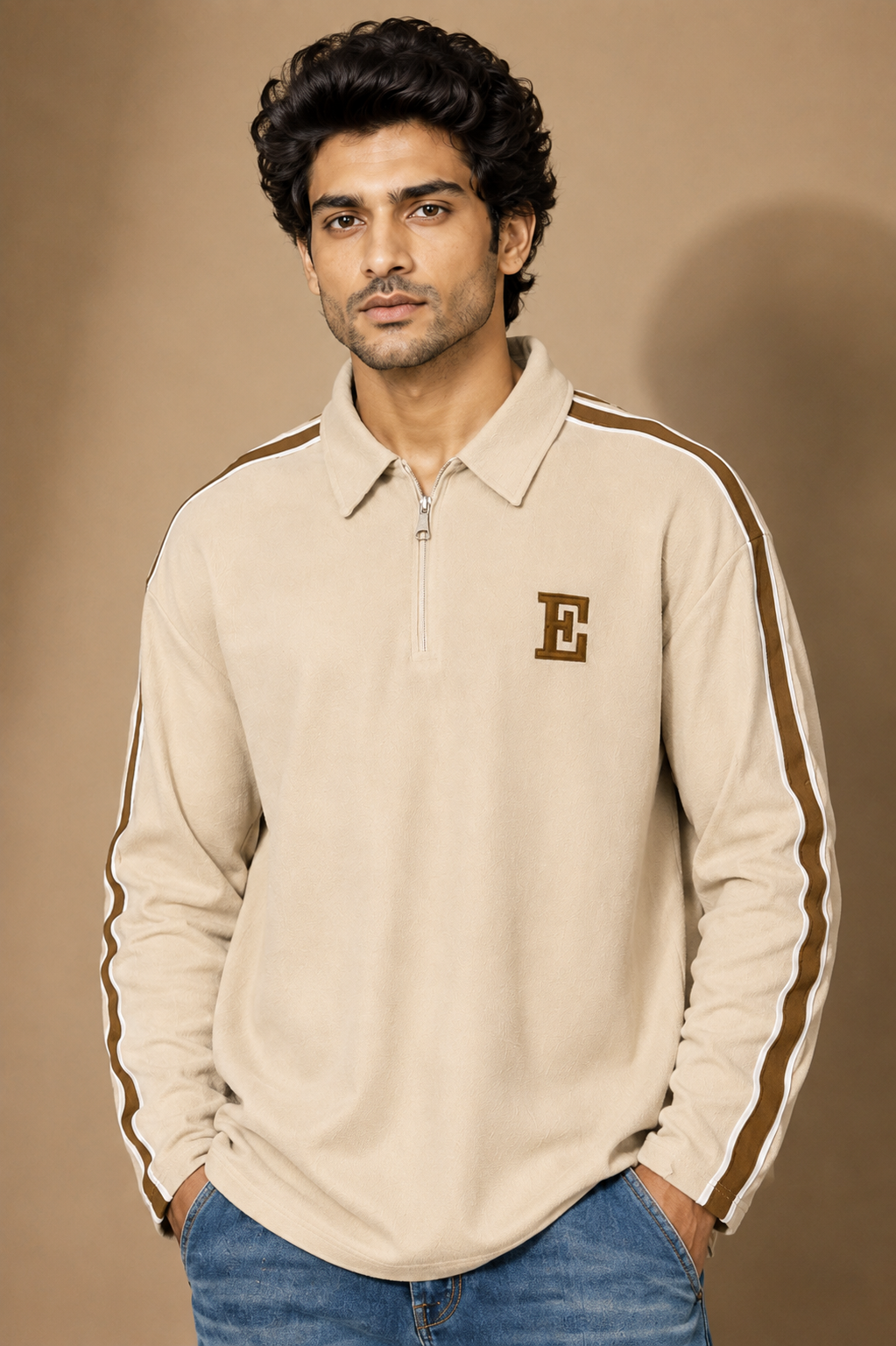 Men’s Beige Half-Zip Sweatshirt with Side Stripes