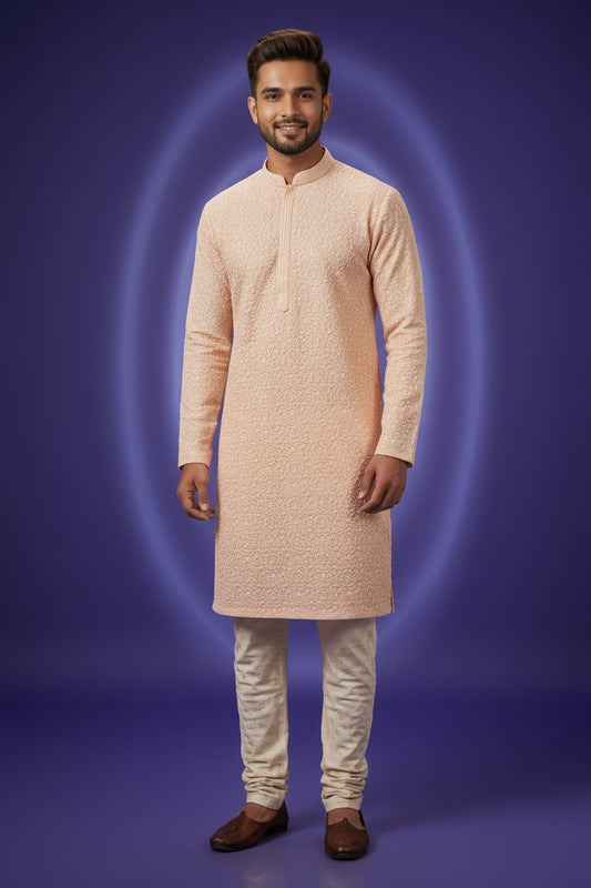 Men’s Peach Embroidered Ethnic Kurta