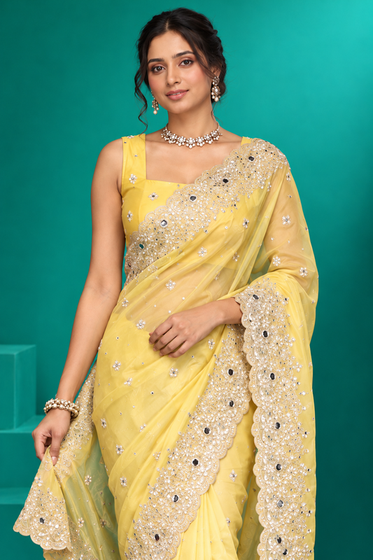 Lemon Yellow Embellished Designer Saree