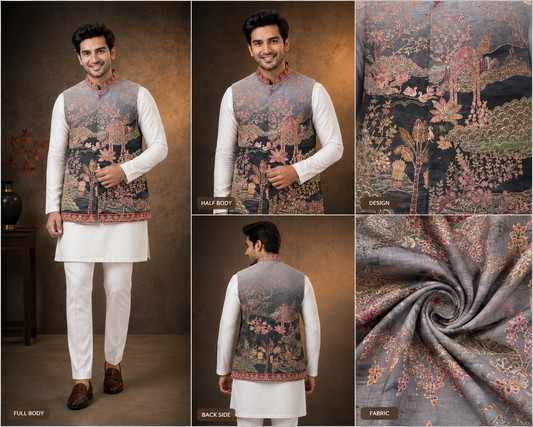 Charcoal Heritage Printed Nehru Jacket