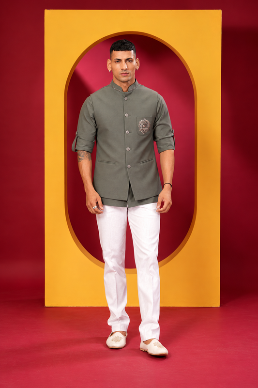 Men's Premium Olive Jacket with White Trouser Set