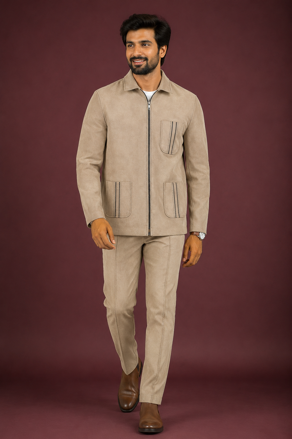 : Beige Suede-Effect Utility Jacket Set for Men