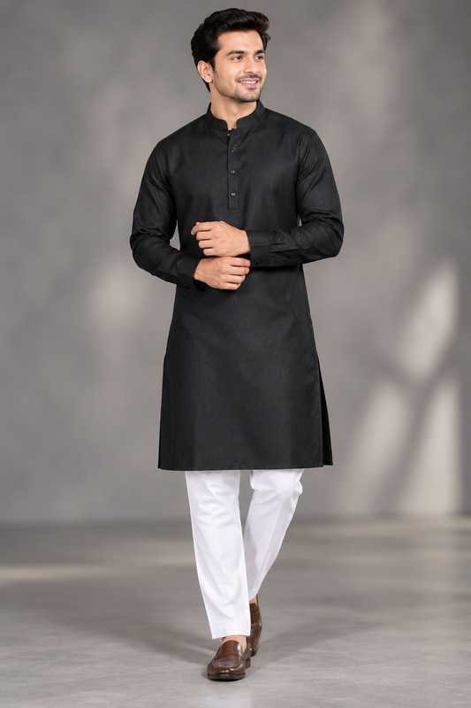 Classic Black Solid Kurta with White Pant for Men