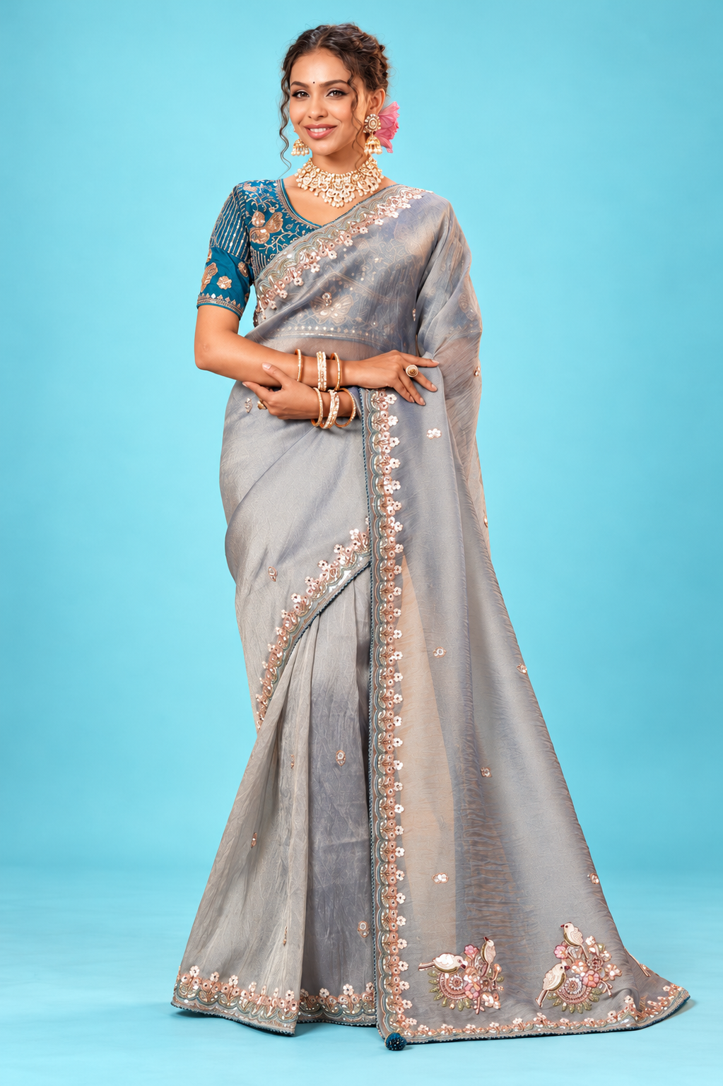 Elegant Silver Grey Designer Saree with Delicate Floral Embroidery