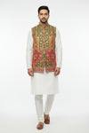 Olive Green Heritage Printed Nehru Jacket
